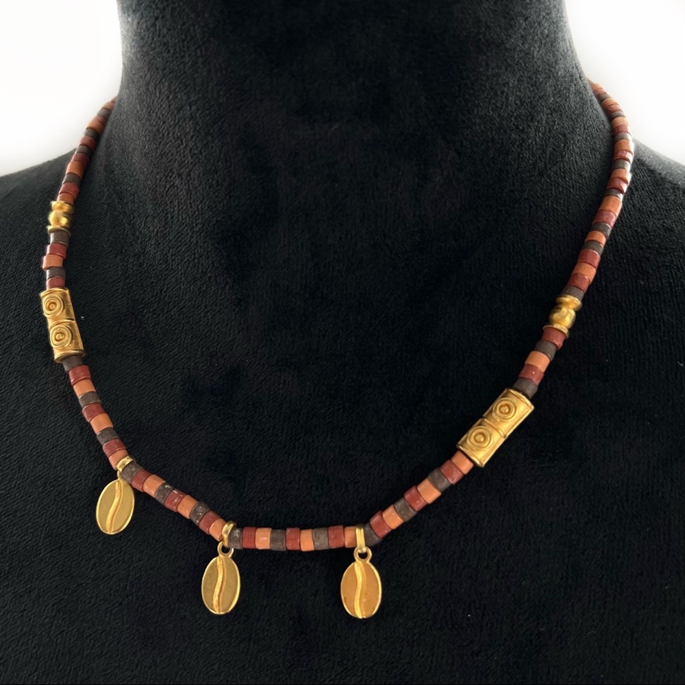 Carin Beaded Goldtone Coffee Bean Necklace 19.5”